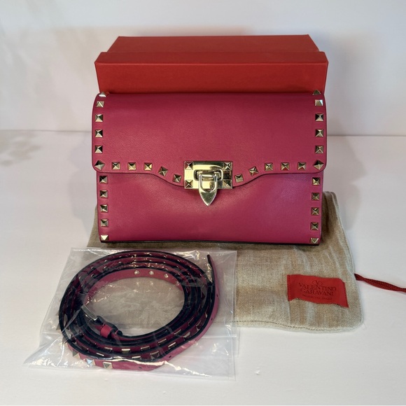 VALENTINO GARAVANI Fuschia Pink Leather Gold Rockstud Shoulder Crossbody Bag - Picture 16 of 16